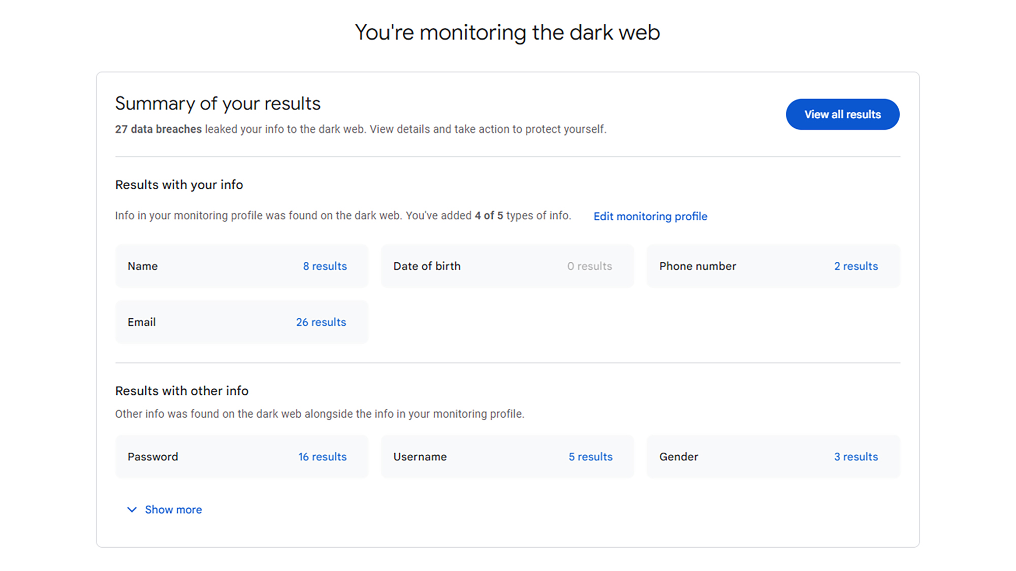 screenshot of the 'you're monitoring the dark web' page on google