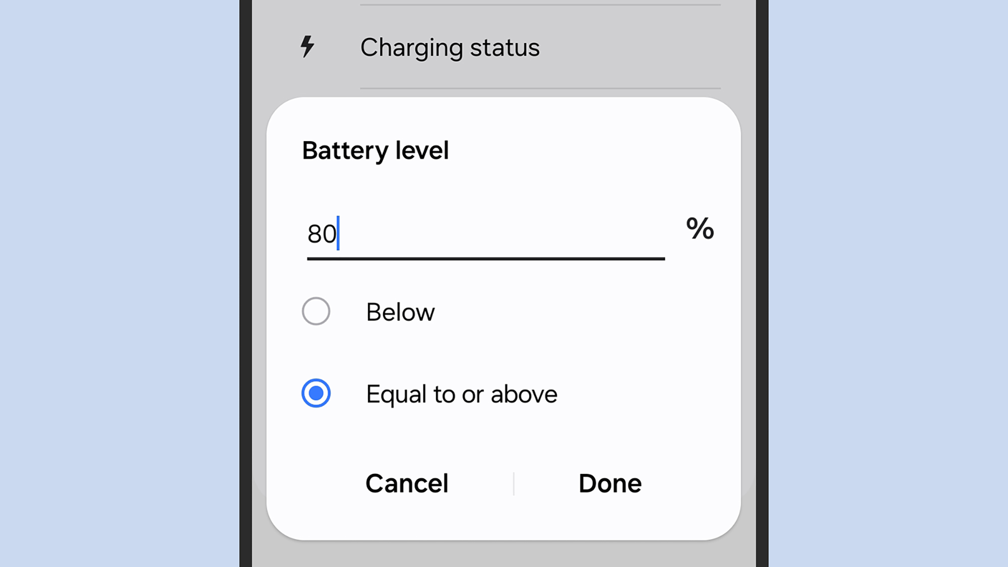 screenshot of setting battery levels