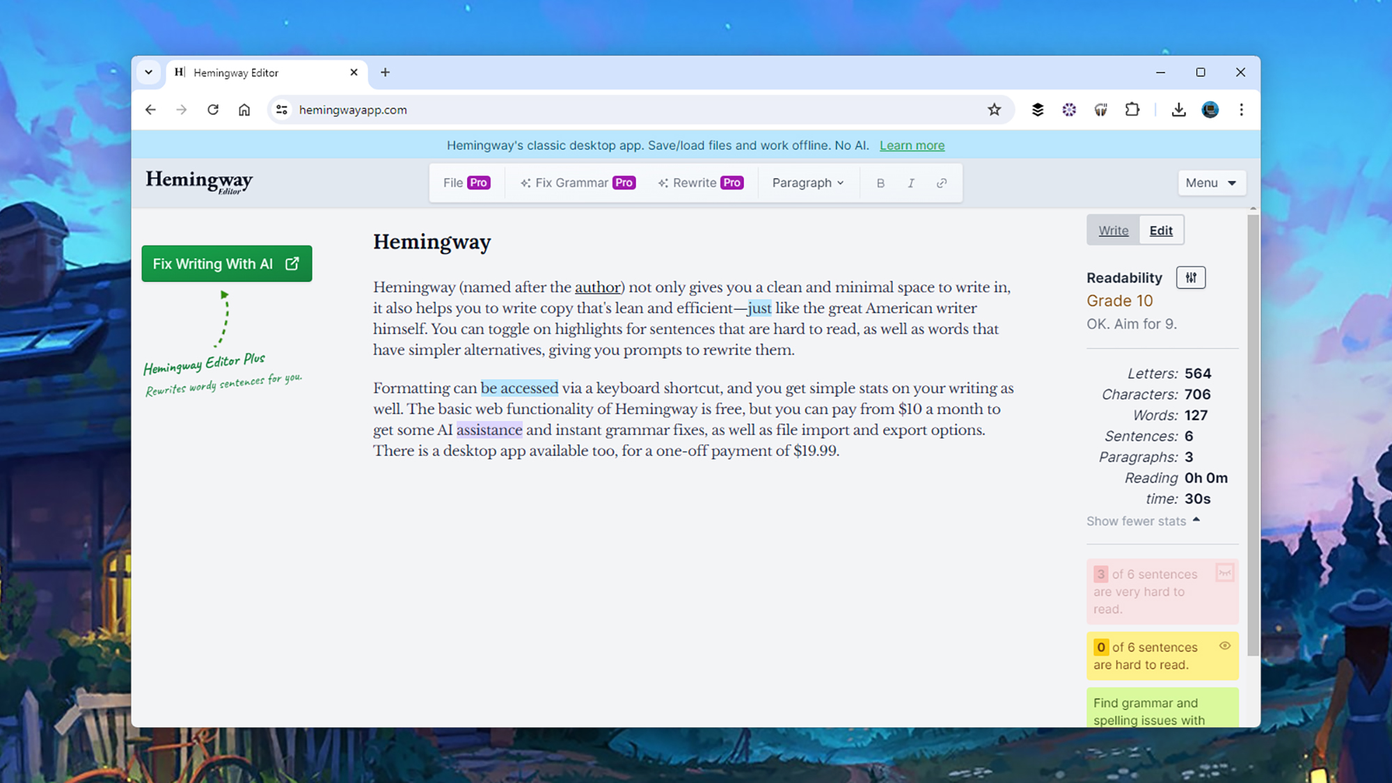 screenshot of the Hemingway app