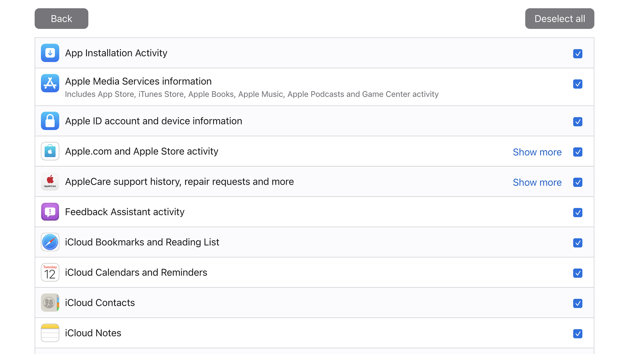 screenshot of where to find apple data request