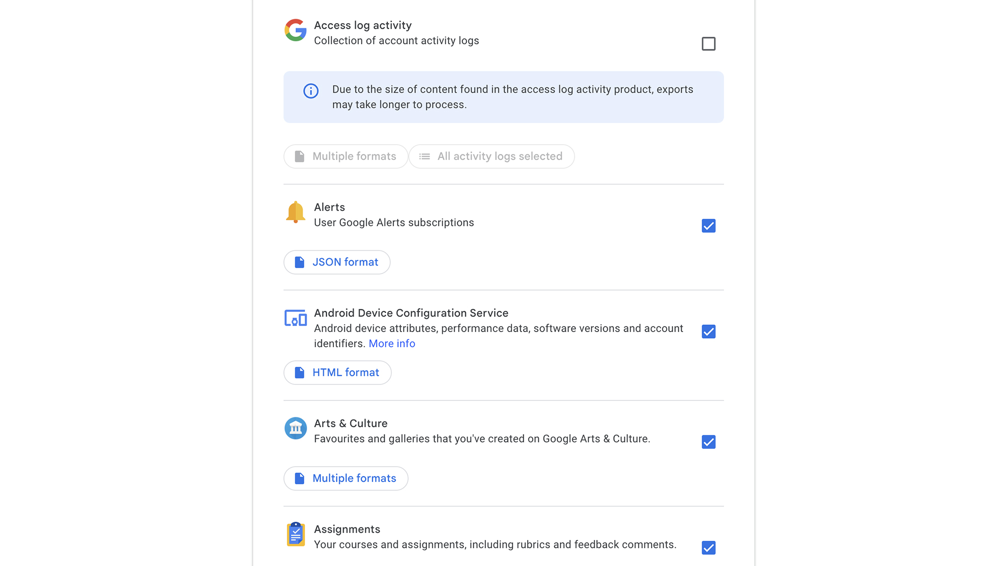 screenshot of google data request page