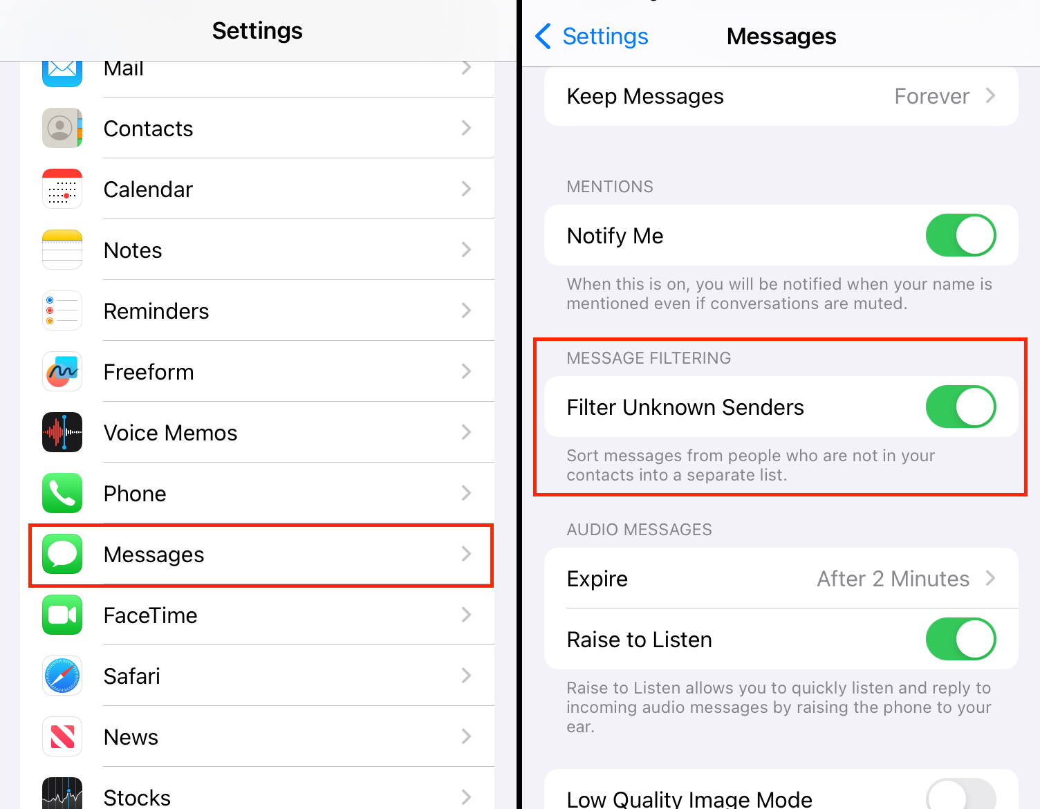 iphone screenshot of settings and 'filter unknown senders' option