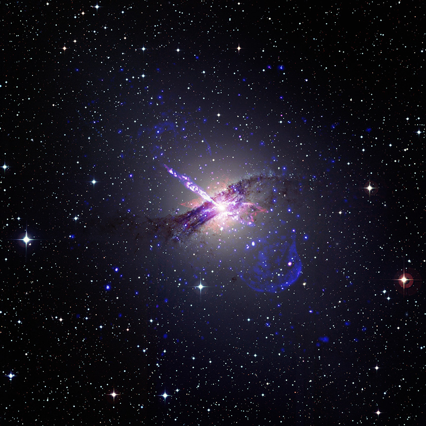 A bright white dot lights up the cloud from within, and the jet emerges from this dot, shooting out in a speckled white and purple beam toward the upper left.