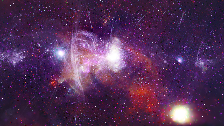 This composite image features a row of bright spots and translucent swirls, set against a backdrop of purple and red clouds and stars. The clouds show hot gas seen with Chandra. The translucent threads, which are mysterious sources of radio waves, create clusters, streaks, and ribbons. Several of these distinct shapes resemble smoke trails captured on film. While most of the distinct swirls and bright spots sit in an orderly row across the middle of the image, one very bright spot sits at our lower righthand corner. This is the area around Sagittarius C, a bright star forming region, which here resembles a golden white orb ringed with hints of green.