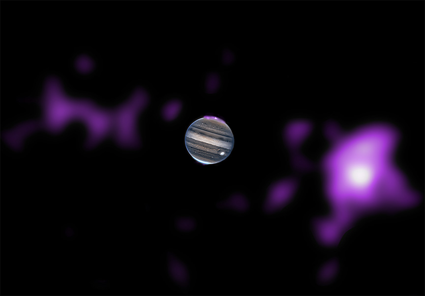 Jupiter is set against the blackness of space, flanked by neon purple blobs