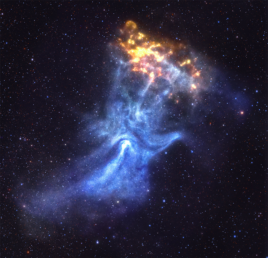 a skeletal hand preparing to grab a glowing ember. The hand reaches up from the bottom of the image, the ghostly blue flesh and white bones representing pulsar wind nebula X-rays