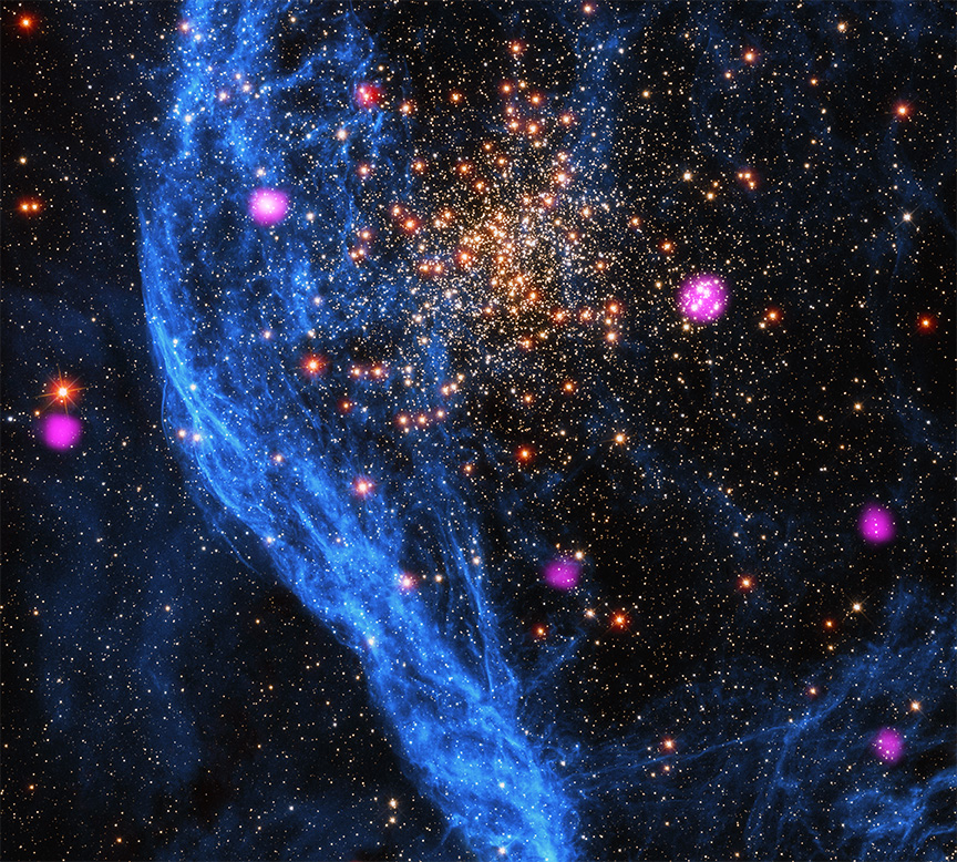  composite image featuring a double star cluster, a blue-tinted cloud, and several neon purple dots