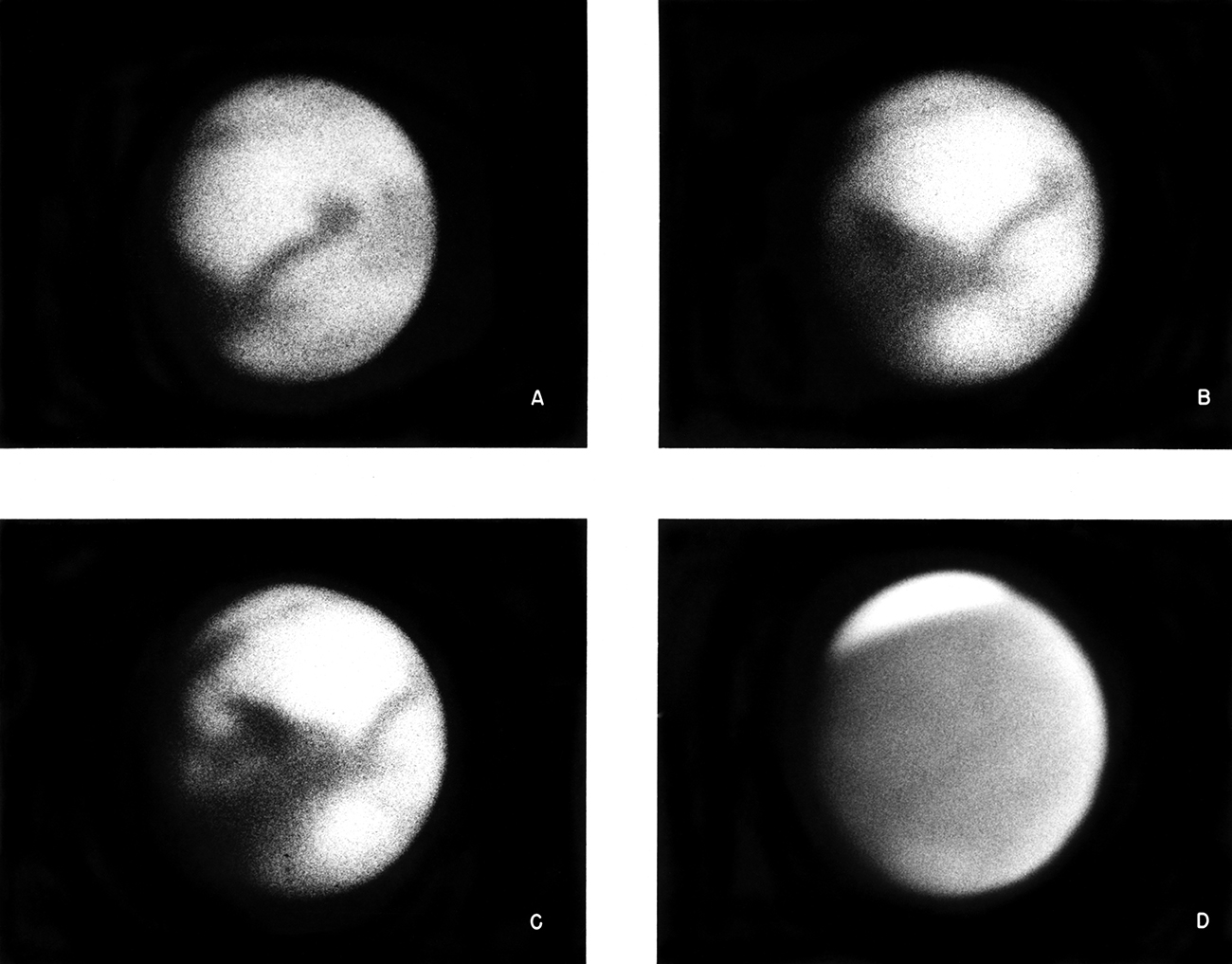 Mount Wilson and Plaomar Observatories Mars view a, b, c taken in red light showing rotation;  d) taken in blue light.  Cat # 272 Taken with the Palomar Observatories 100 inch telescope.