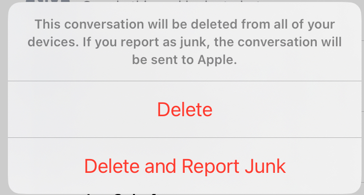 iphone screenshot of 'delete' and 'delete and report junk' options