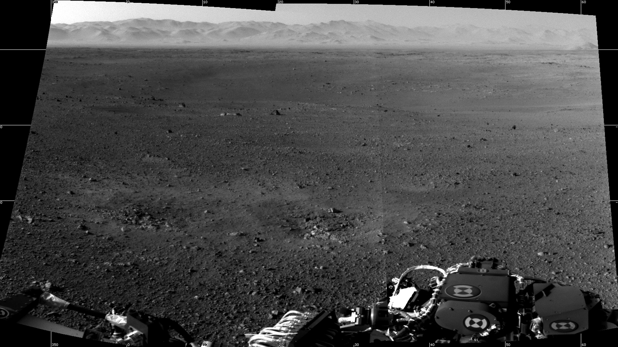 The rim and floor of Gale Crater as seen from NASA’s Curiosity Rover.