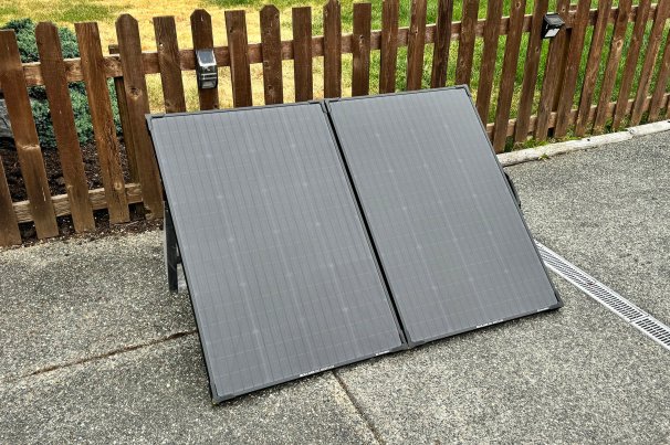 Goal Zero's Boulder 200 solar panel by a fence.