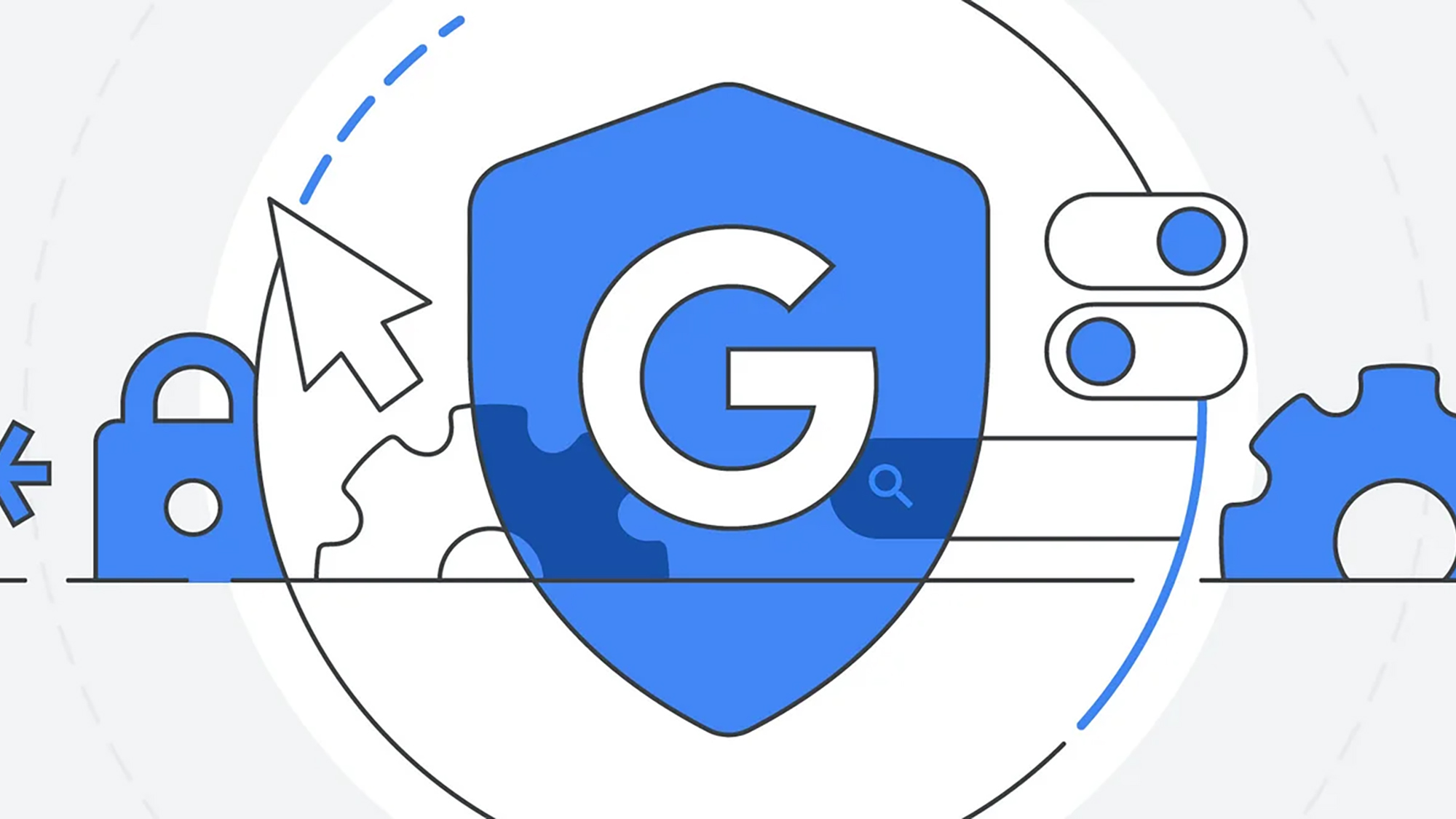 blue shield with G on it along with other security icons like a lock, cursor and gear