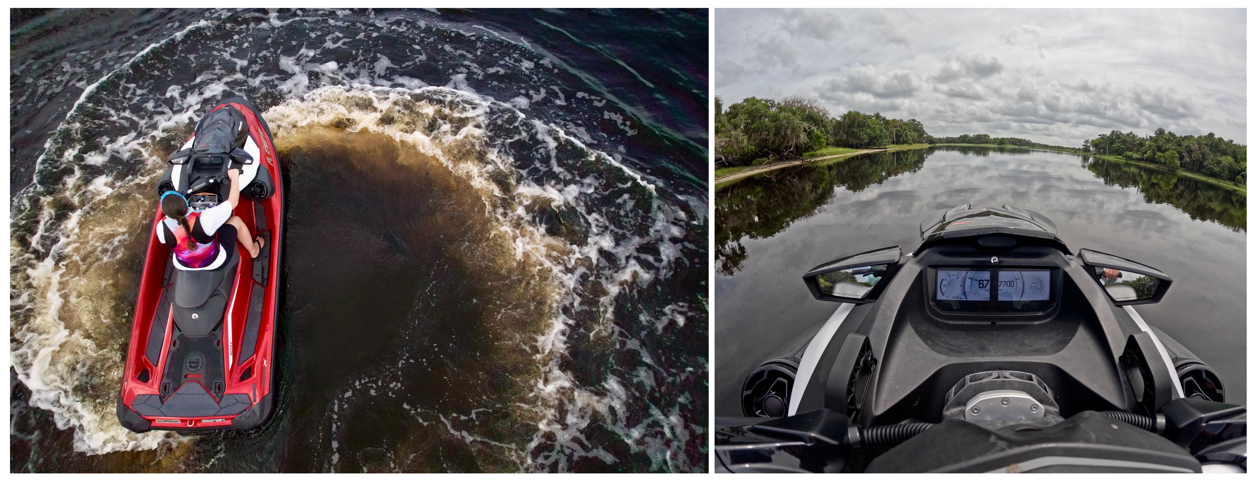 two photos: one shot from above showing a woman turning on a watercraft vehicle. the other show the odometer of the vehicle from the rider's perspective 