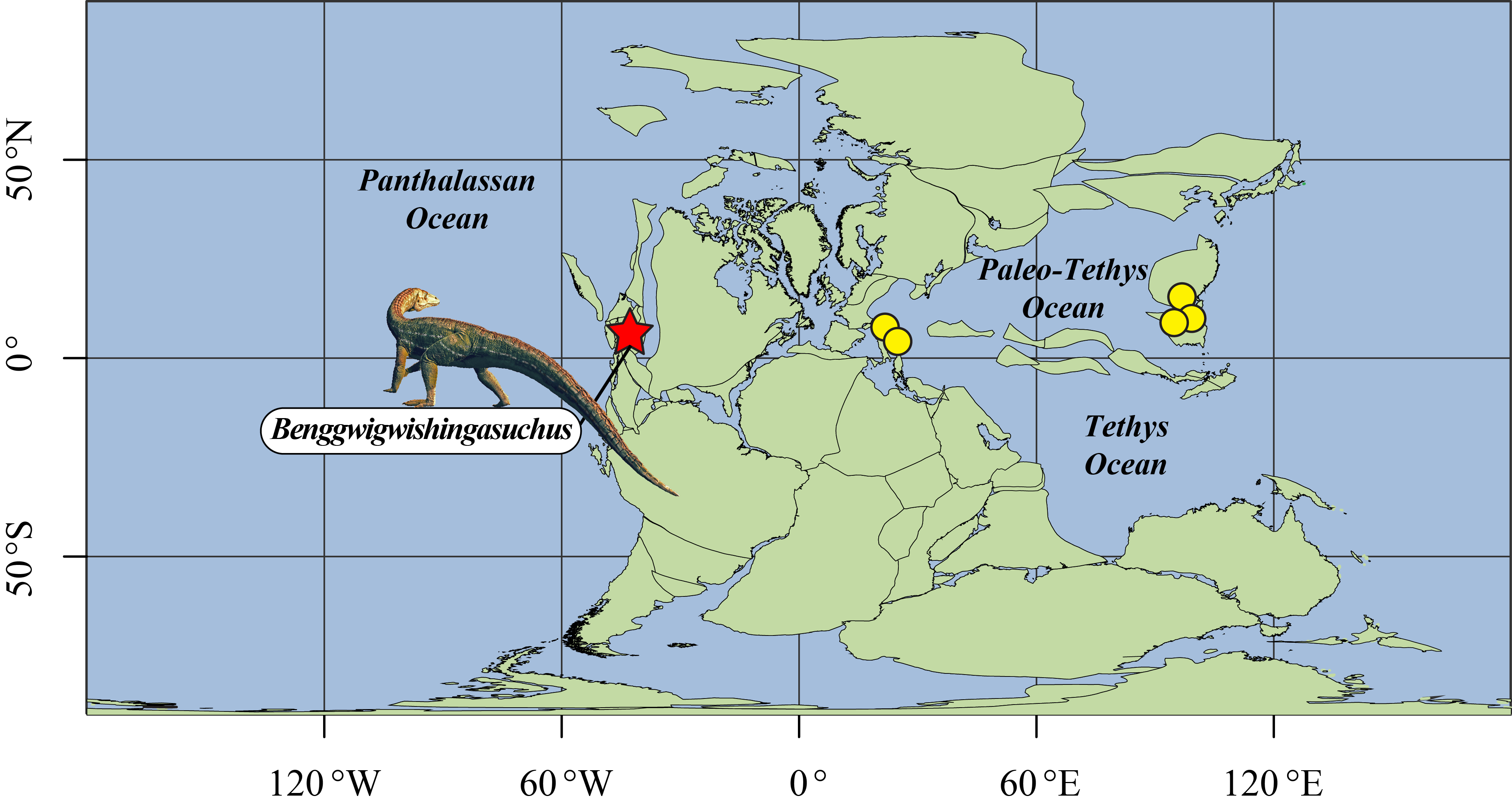 A map of the Middle Triassic oceans and the archosauriforms described from eastern coastal settings (yellow dots), as well as the new species B. eremicarminis from the Panthalassan coast (red star). CREDIT: Nate Smith