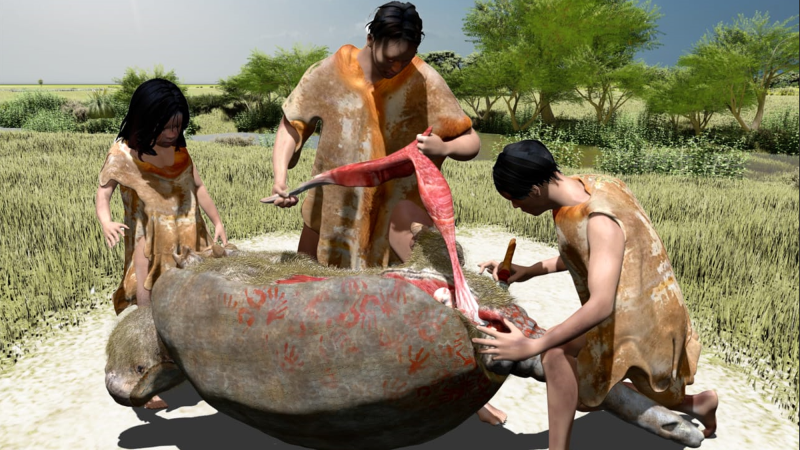 a 3D rendering of three early humans butchering a giant armadillo