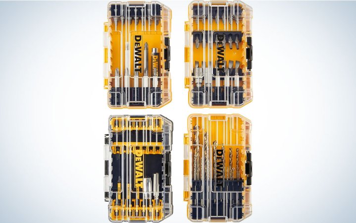  Dewalt 100-piece drill and driver bit set in its cases on a plain background