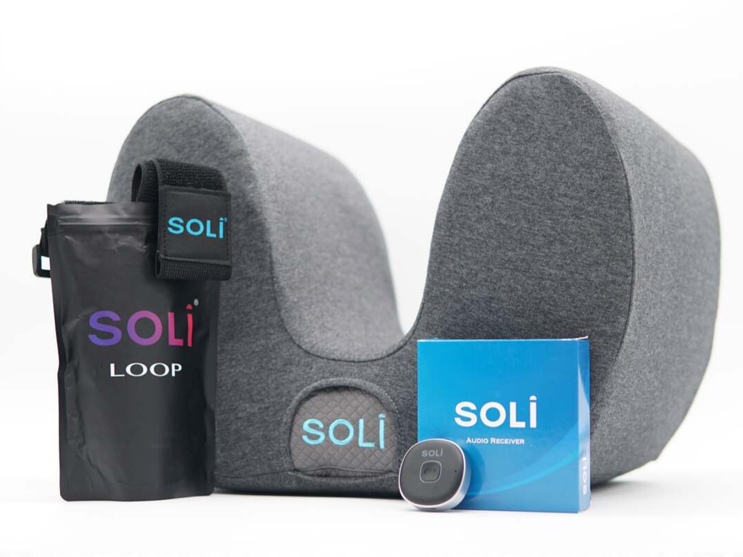 A Soli Audio pillow on a plain background
