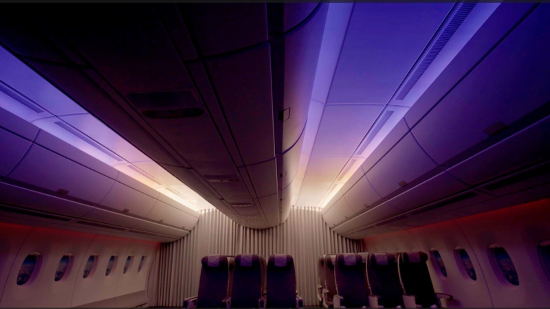 Plane cabin lighting simulating sunset