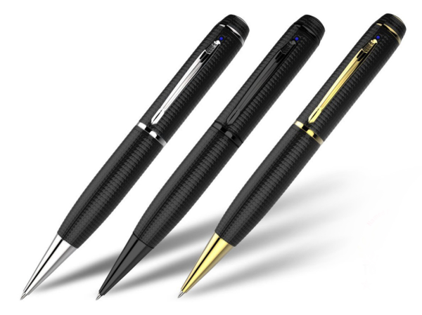 Three camera pens on a plain background.