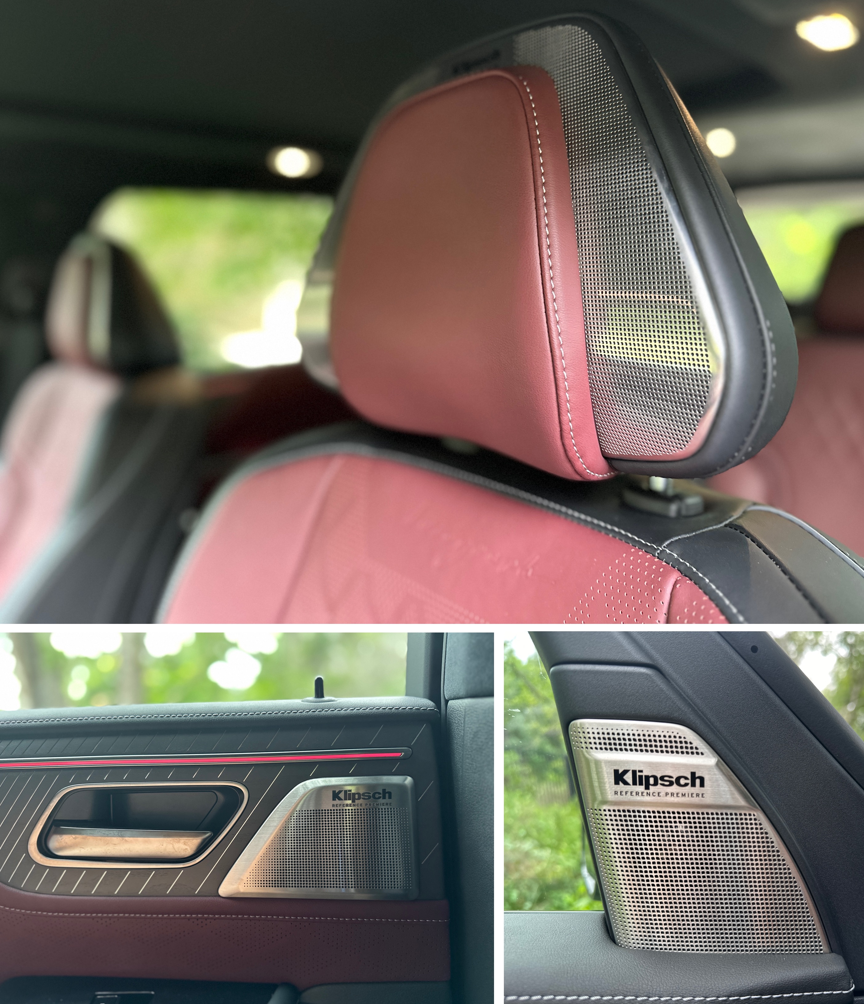 three images showing speakers inside the car, including on the door and in the head rest