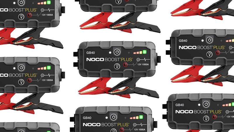 NOCO car jump starters arranged in a pattern