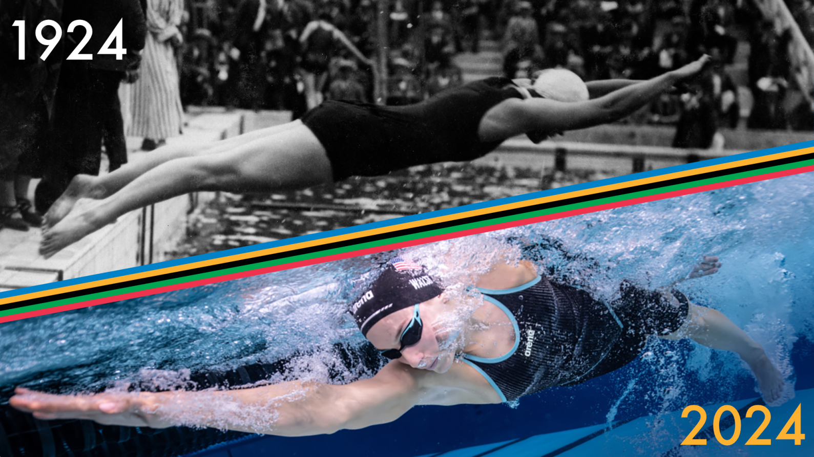 TOP: A relay participant dives off the blocks in the Women’s 4 x 100m final during the Paris 1924 Olympic Games. BOTTOM: American Alex Walsh swims in Arena’s Powerskin Primo.