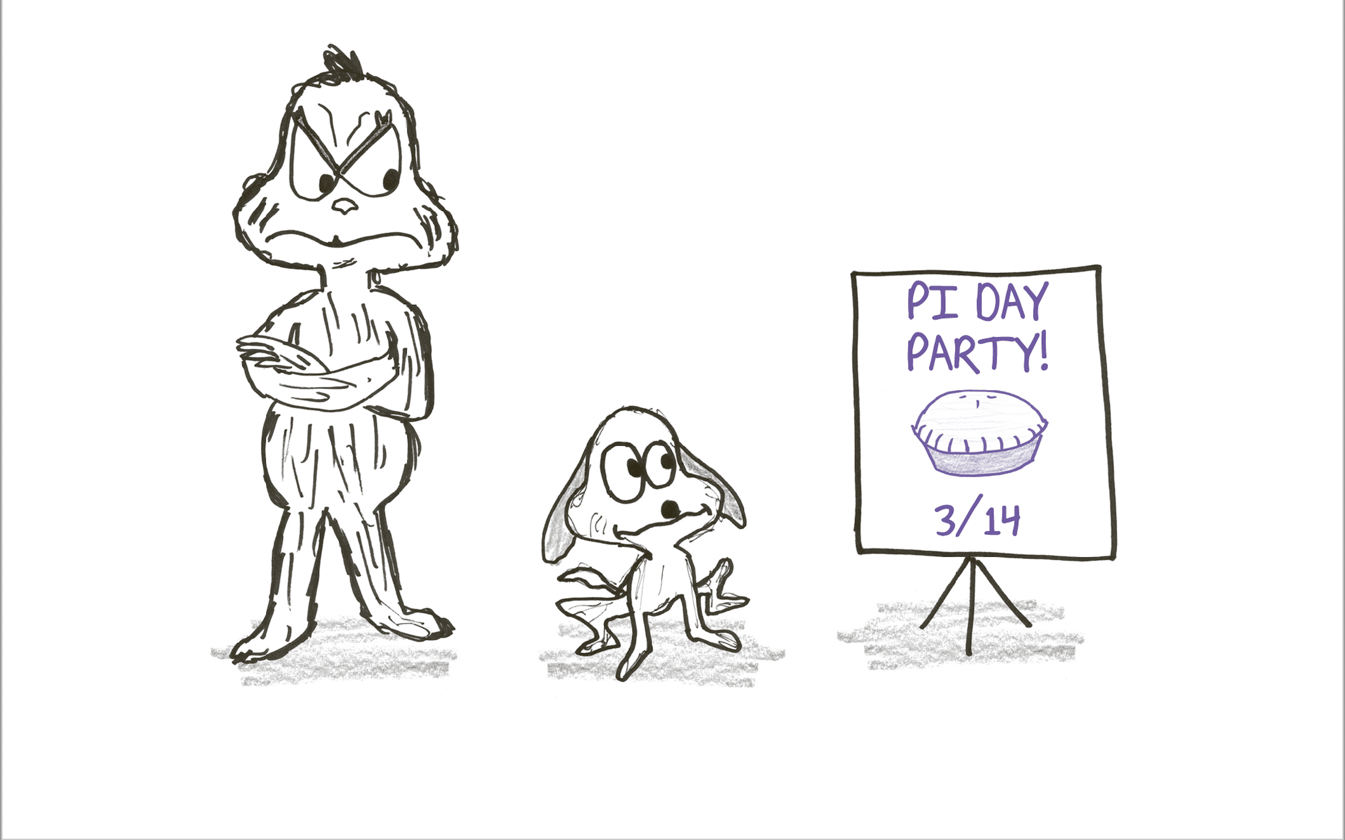 grinch-like character standing grumpily with a dog and sign that says 'pi day party 3/14'
