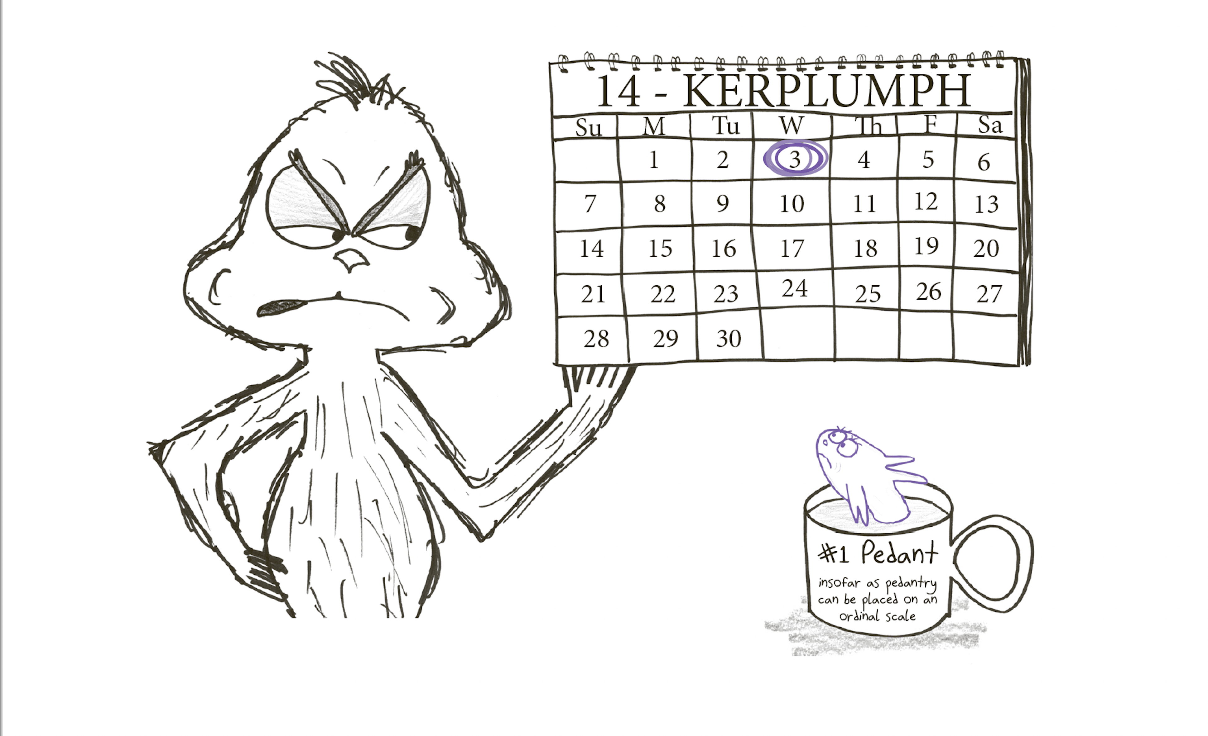 grinch grimacing at calendar with a coffee cup that says #1 pedant