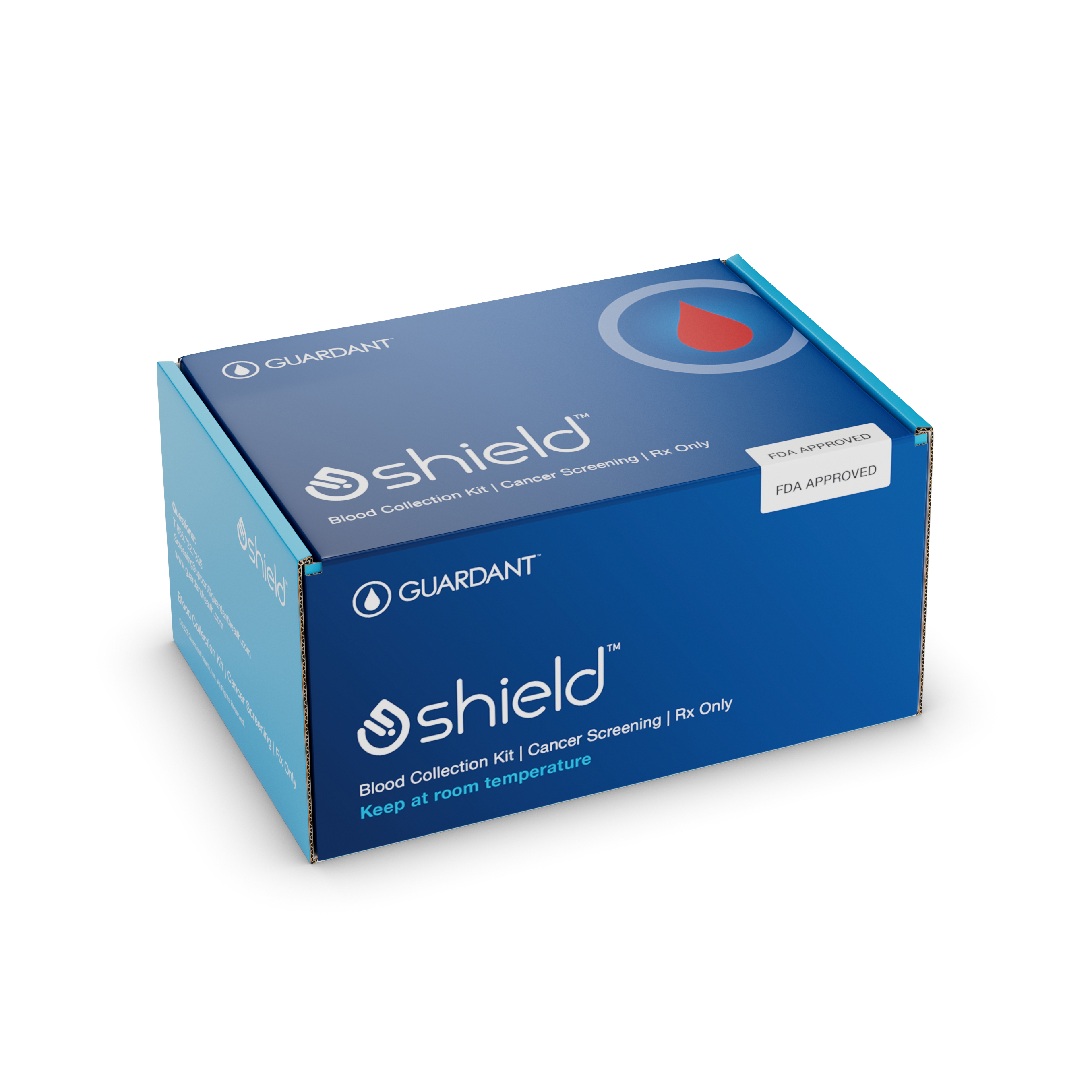 a blue box containing the materials for a blood test called shield