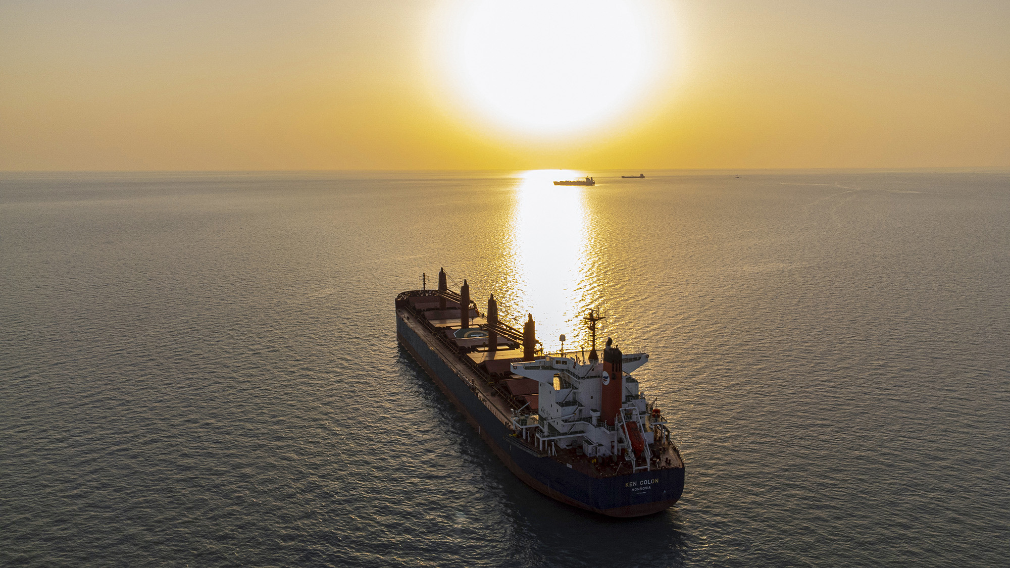 An aerial view of a cargo ship waiting at the Khawr Abd Allah canal leading up to Al-Faw port in southern Iraq in June.