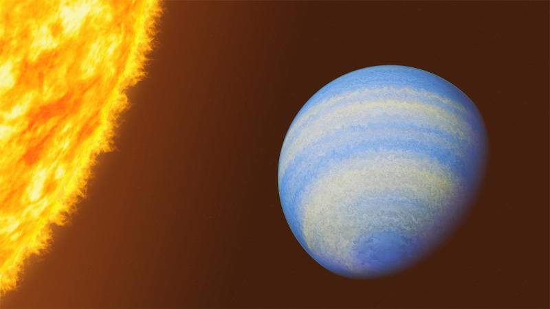an illustration of a blue exoplanet with white swirls near a sun-like star