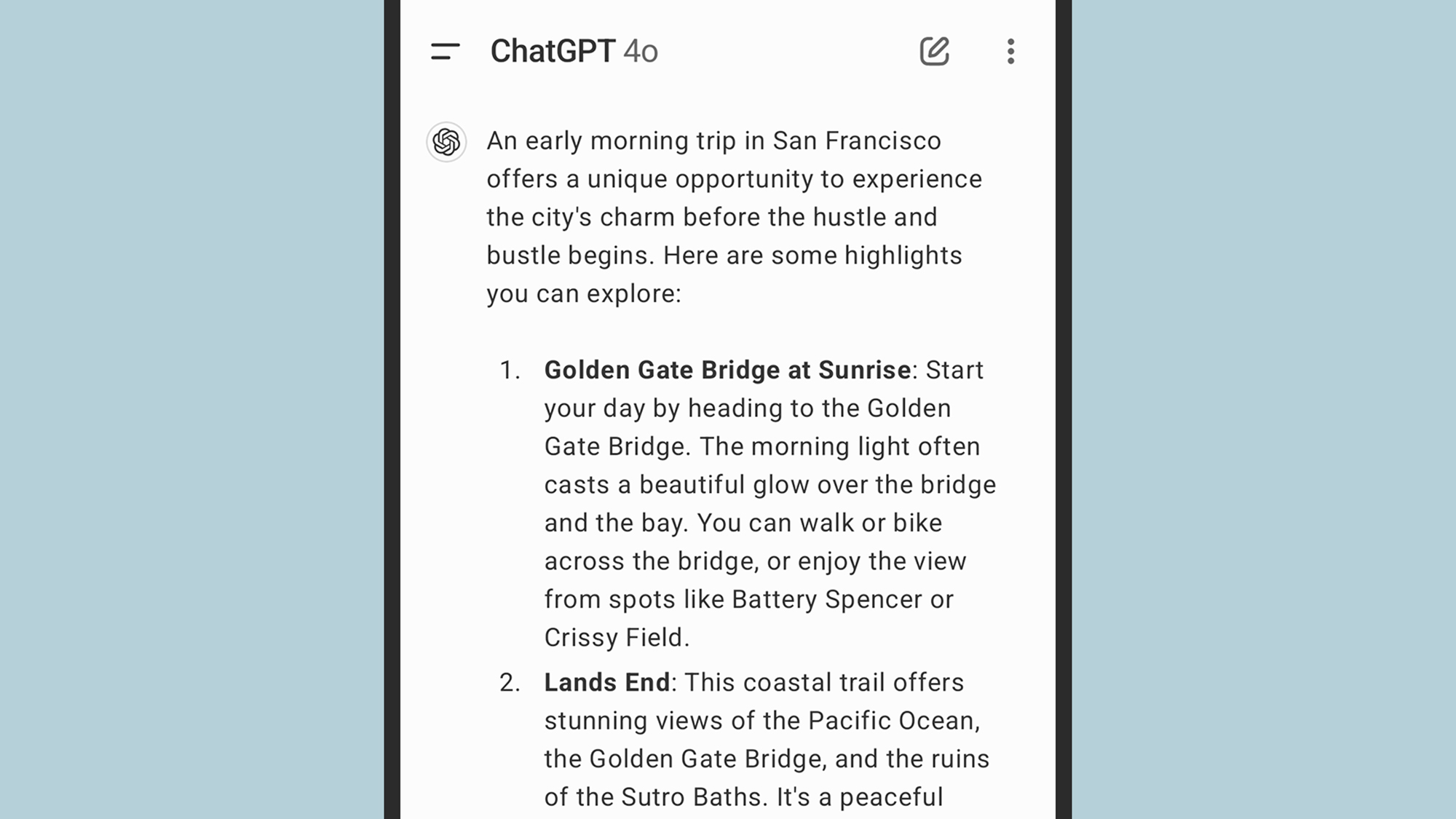 screenshot of chatgpt recommendations for san francisco