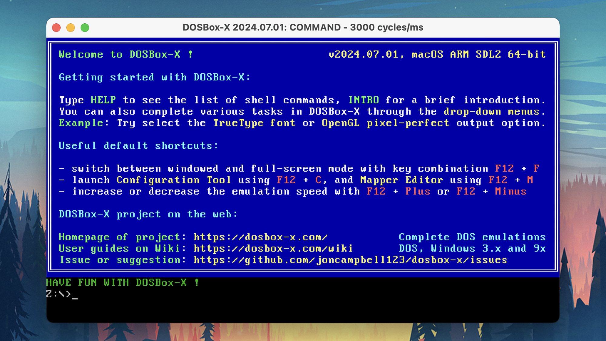 blue text screen with 'dosbox' welcome screen