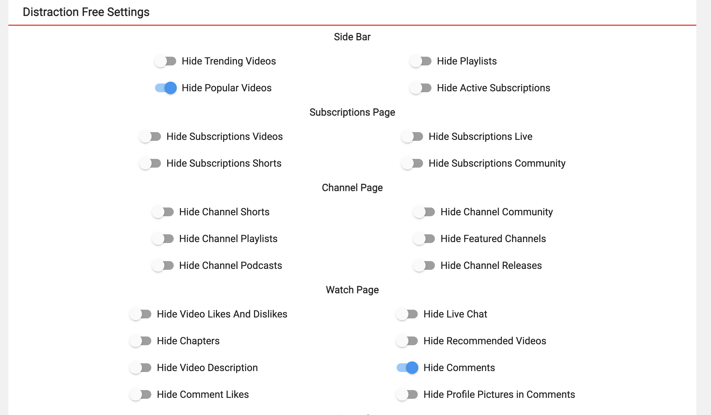 distraction free settings menu