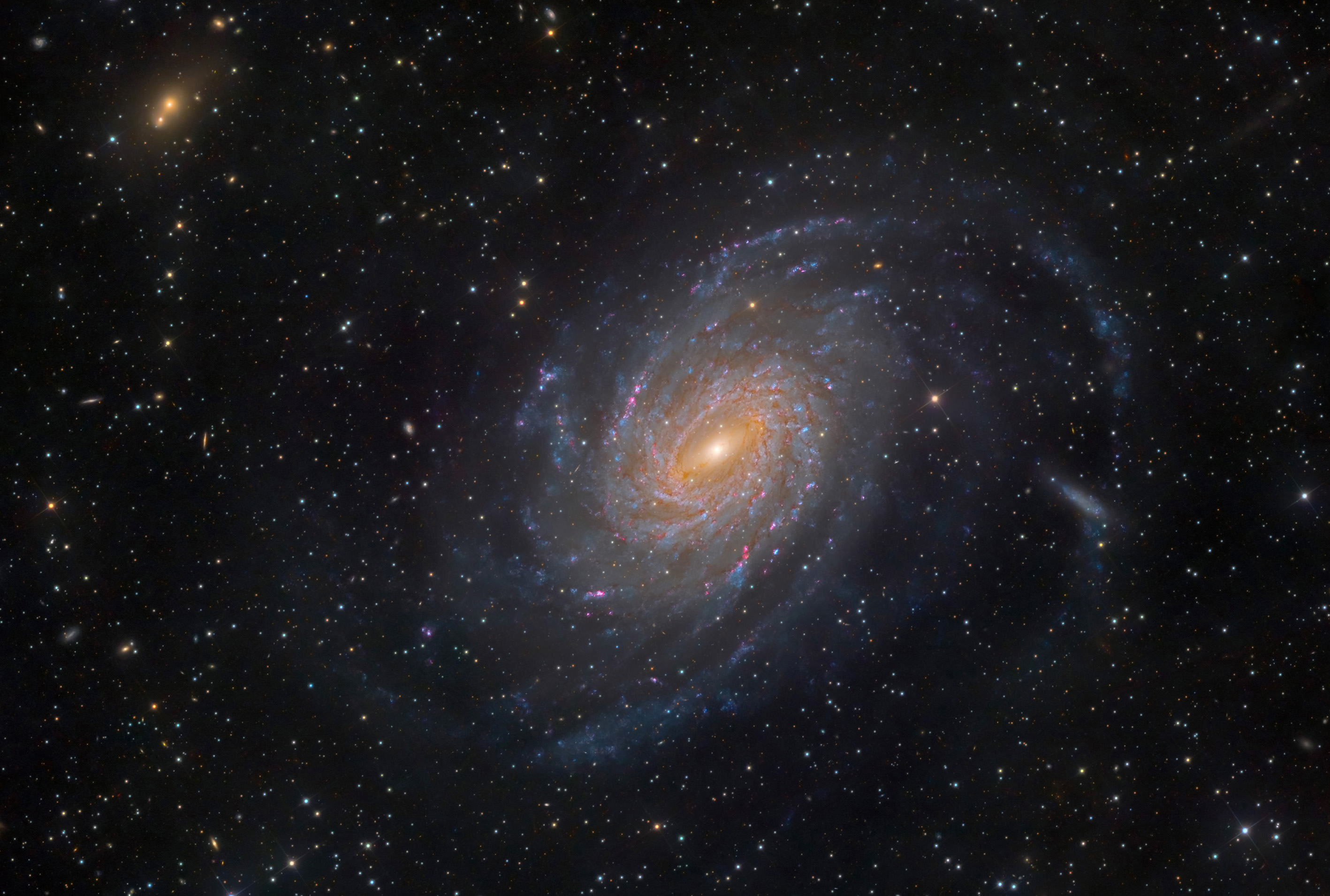 a swirly galaxy on the backdrop of a black sky and dots of stars