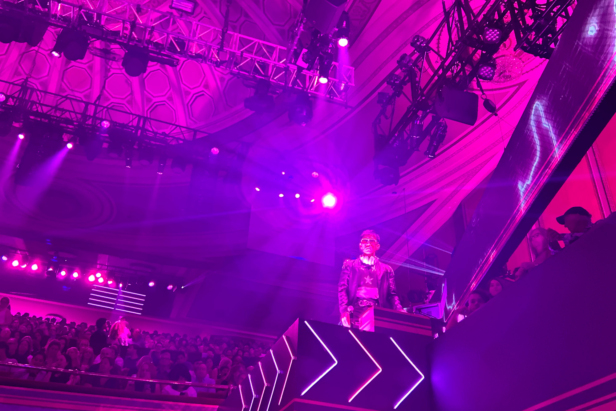 A view of the DJ standing above the Broadway Theatre "dancefloor" during a preview production of Here Lies Love