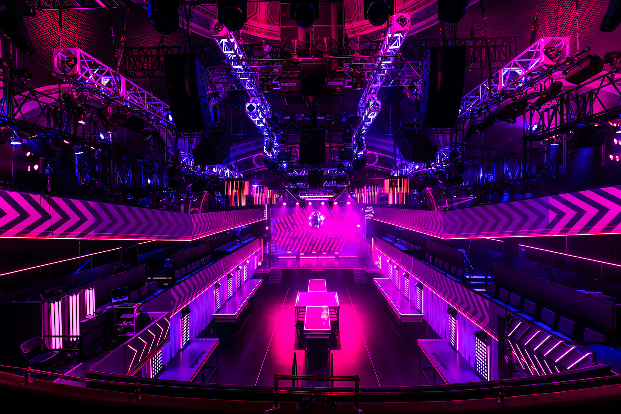 The purple and red interior of the empty Broadway Theatre, set up for a production of Here Lies Love