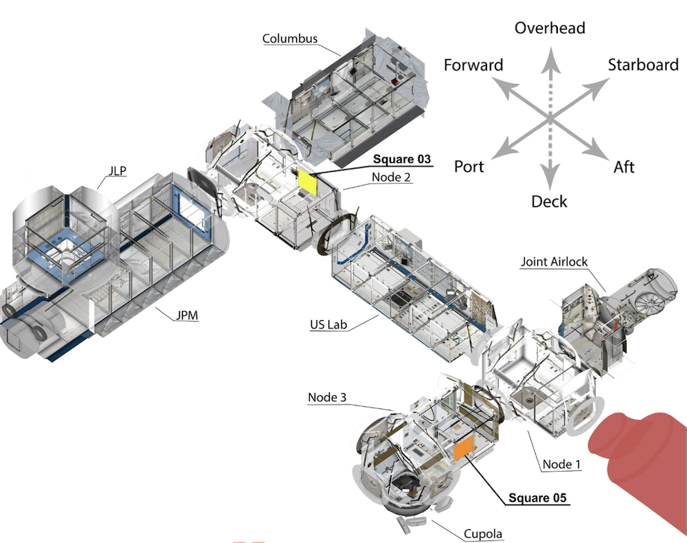 Een fragment van het US Orbital Segment van het ISS dat de locatie van de twee shovel-testkuilen toont.