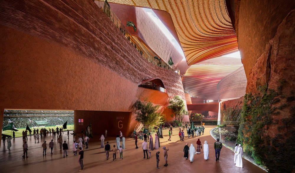 Concept art of New Murabba Stadium's interior shows its desert inspiration. Credit: Saudi 2034