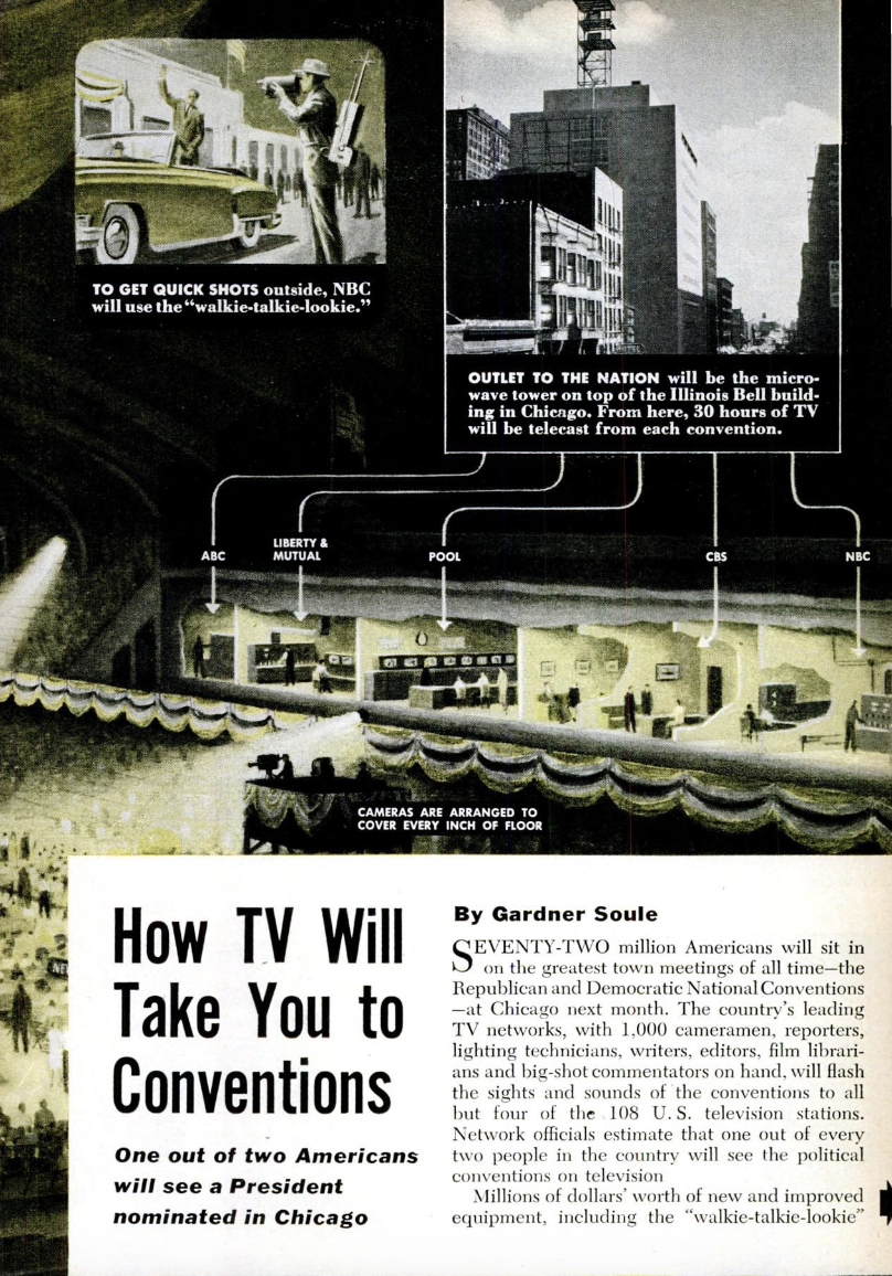 a page from an issue of popular science magazine. the headline reads: "How TV Will Take You to Conventions"