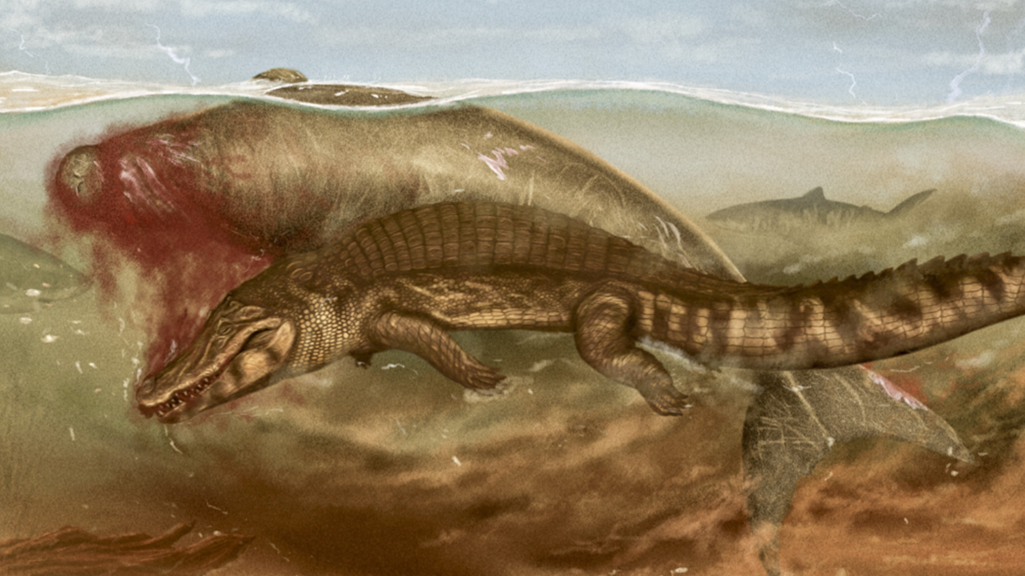 an illustration of a crocodile biting an ancient seacow with a shark lurking behind it