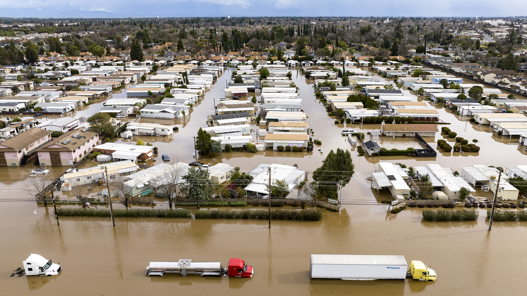 An aerial view shows flooding in Merced, California following a “bomb cyclone” in January 2023.