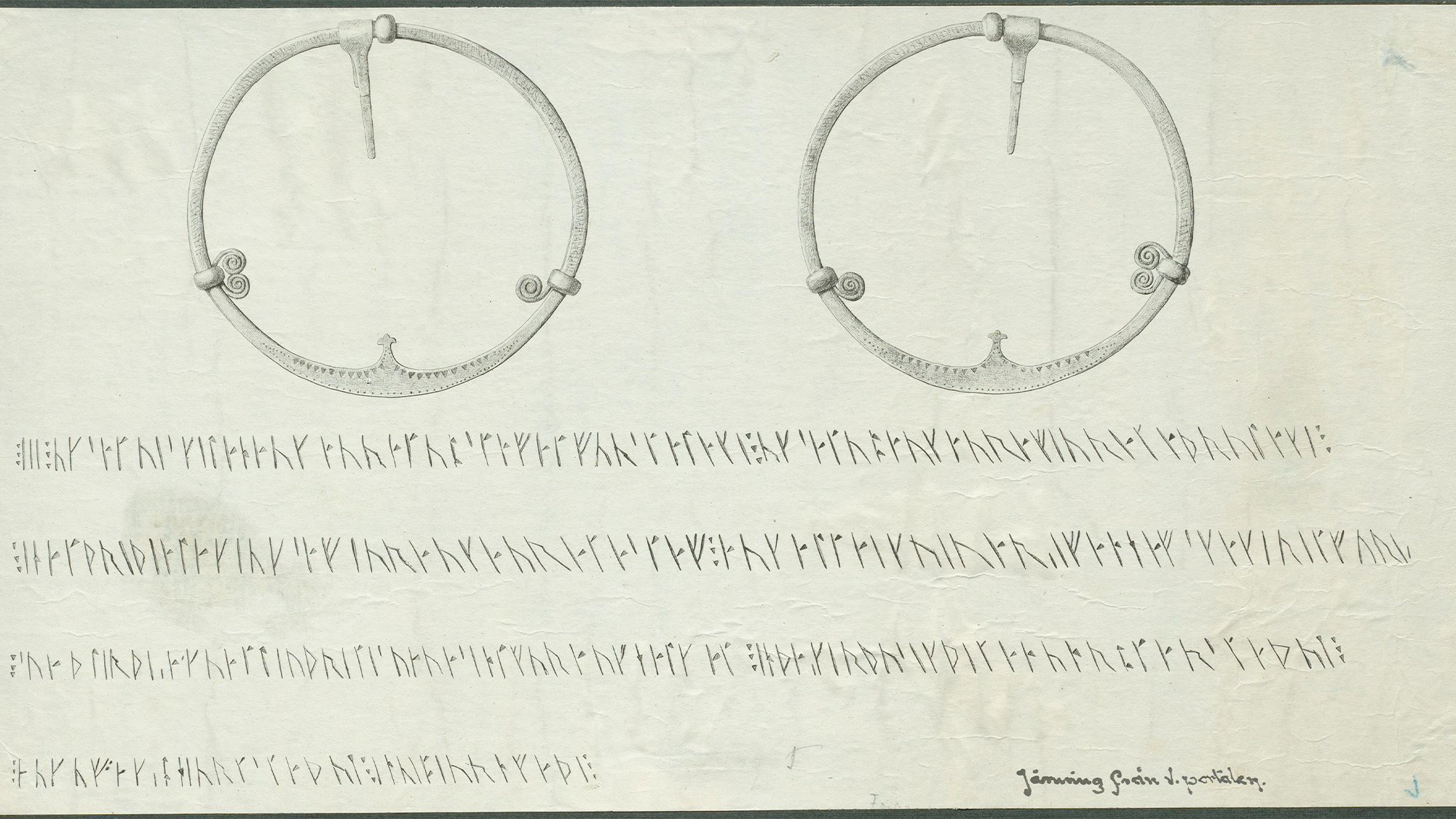 An old ink drawing of Sweden’s Forsa Ring with the runic inscription.