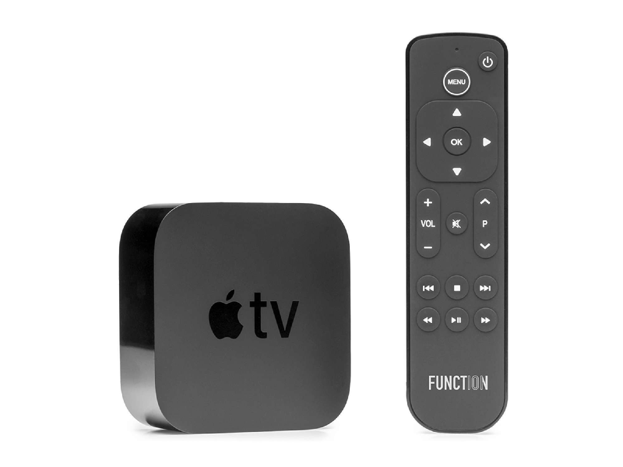 A compatibility remote with an Apple TV.