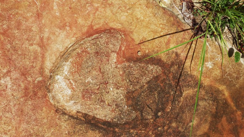 the footprint of a three-toed dinosaur embedded in stone in brazil