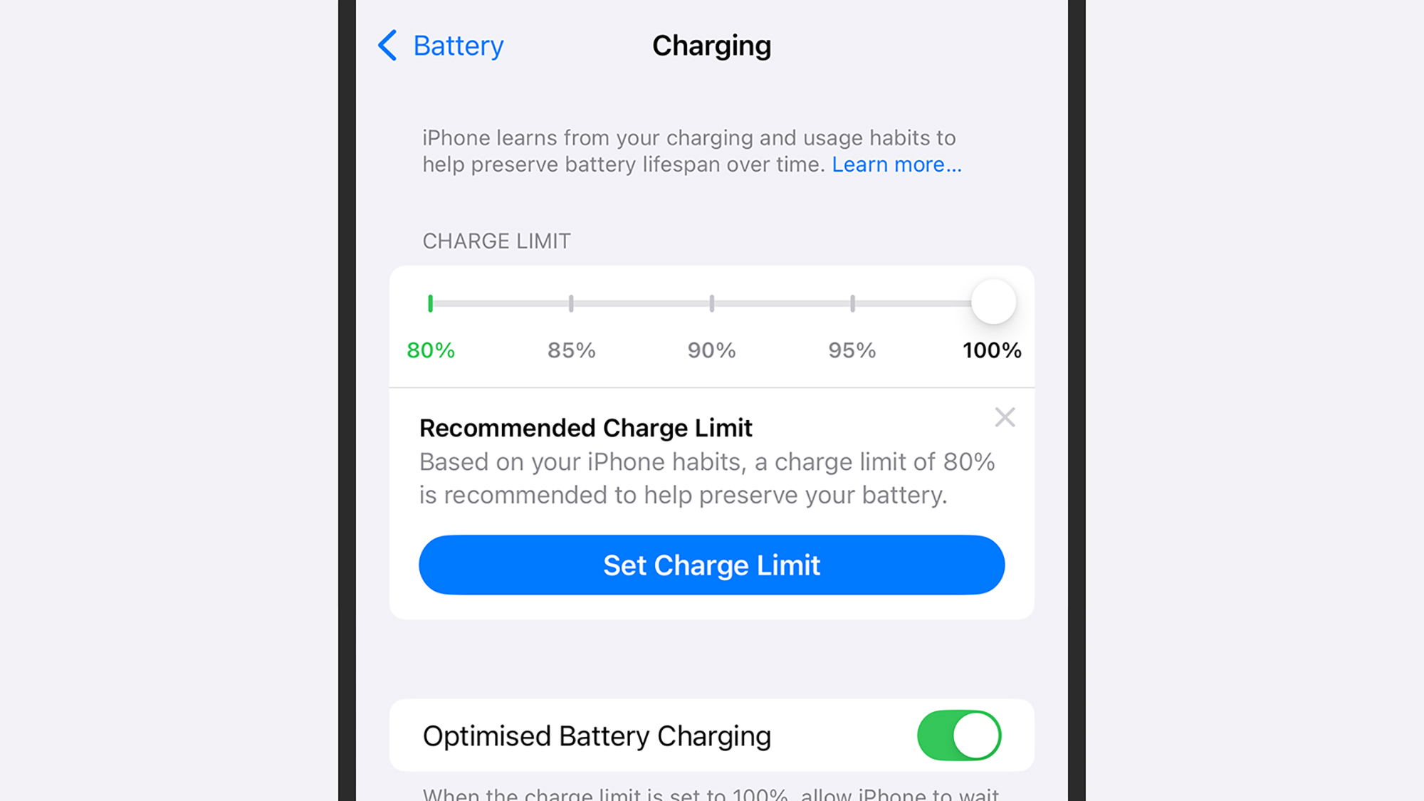 battery charging settings in iOS 18