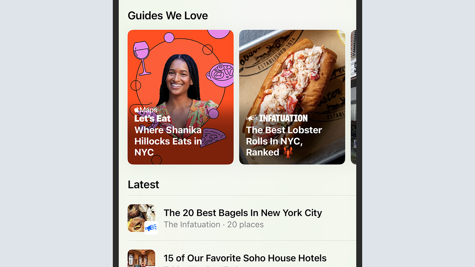 "guides we love" and "latest" guides screenshot on an iphone