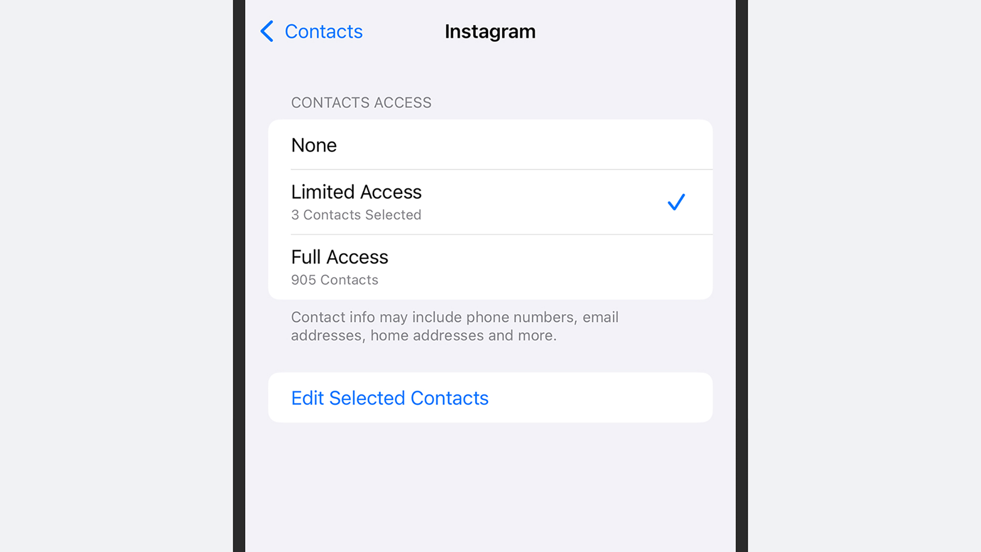 screenshot of instagram settings for contact list