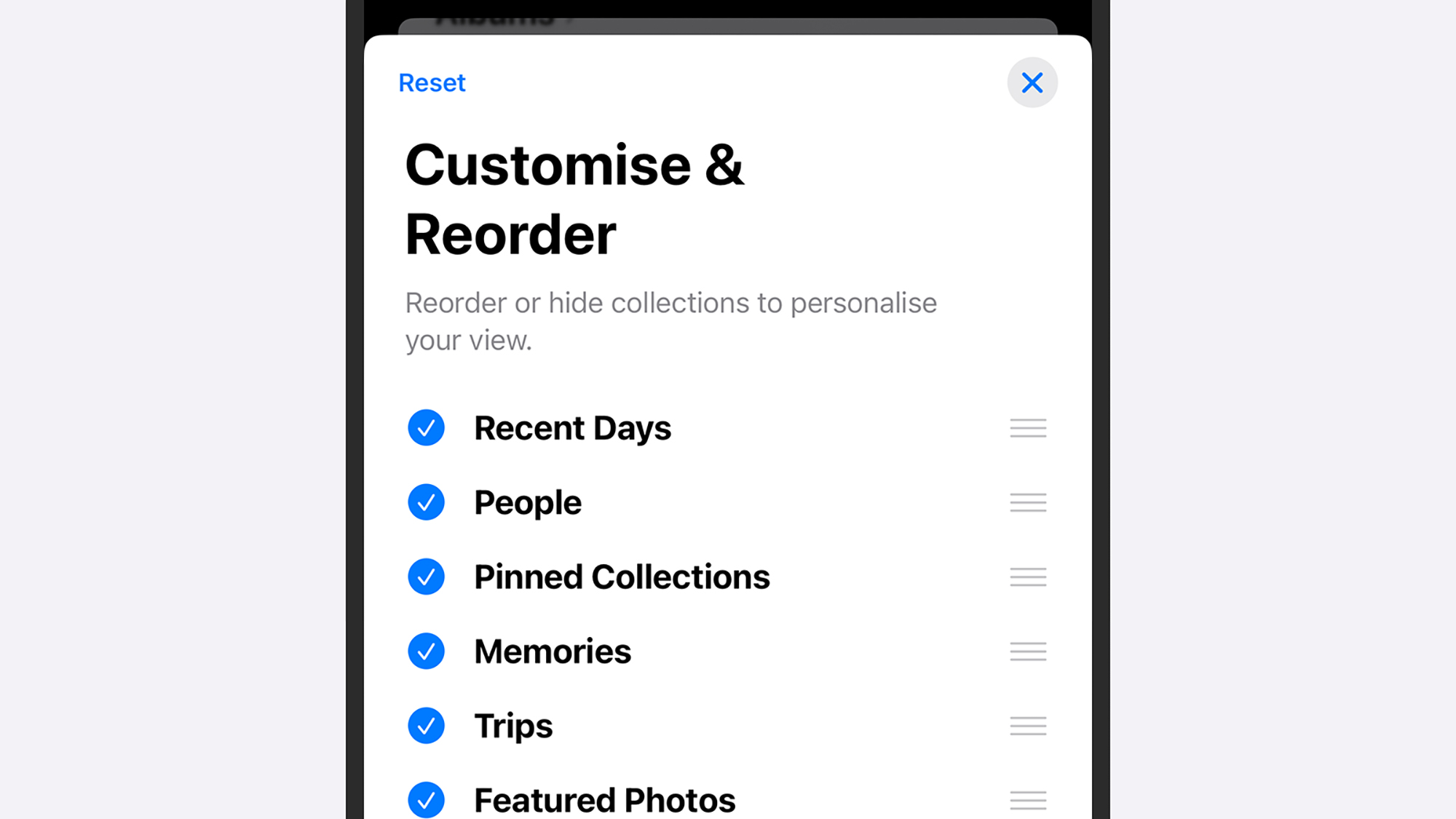 customize options in photos app