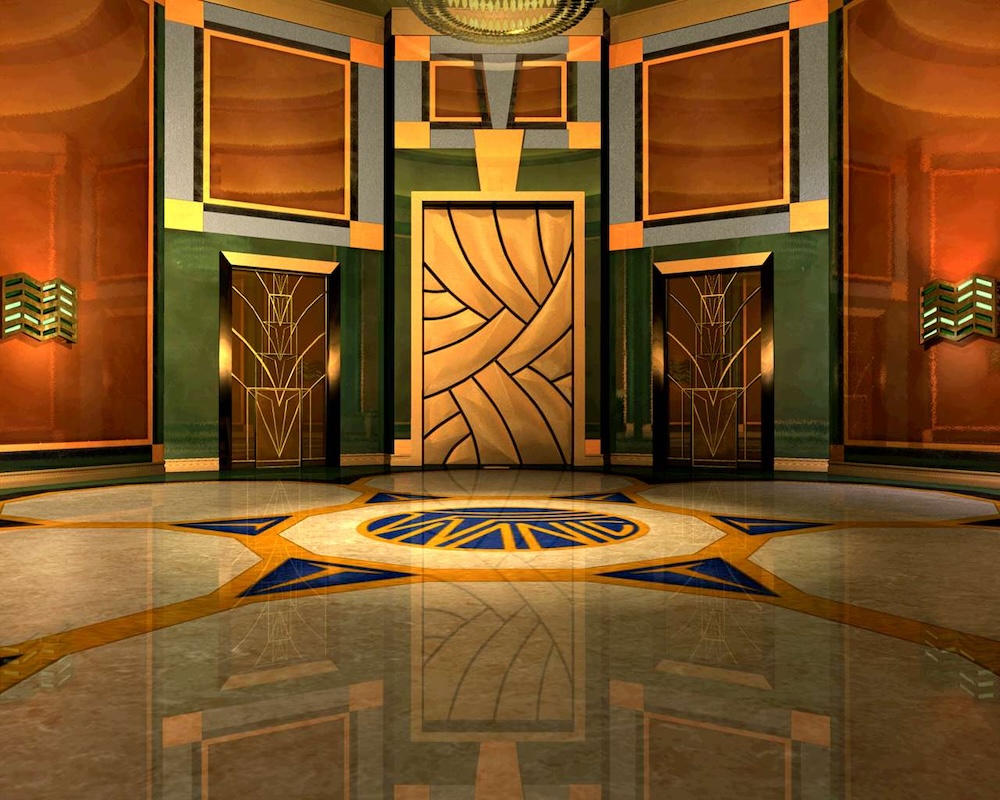 The embarkation lobby is one of the many environments co-designed by Oscar-winning art team, Oscar Chichoni and Isabel Molina. Credit: Digital Village